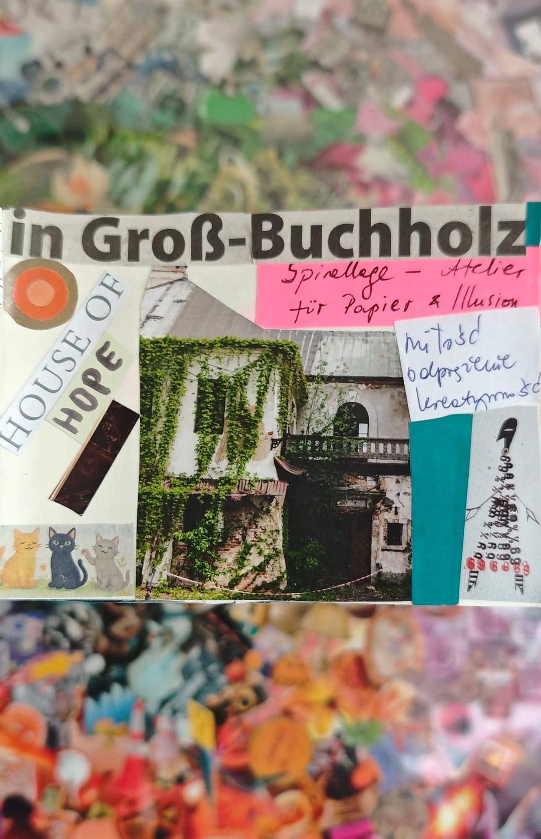 A collage announcing Spirallage — Atelier für Papier & Illusion in Groß-Buchholz.