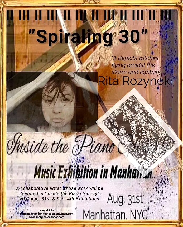 The Inside The Piano Gallery exhibition flyer in Manhattan featuring Spiraling 30 by Rita Rozynek.
