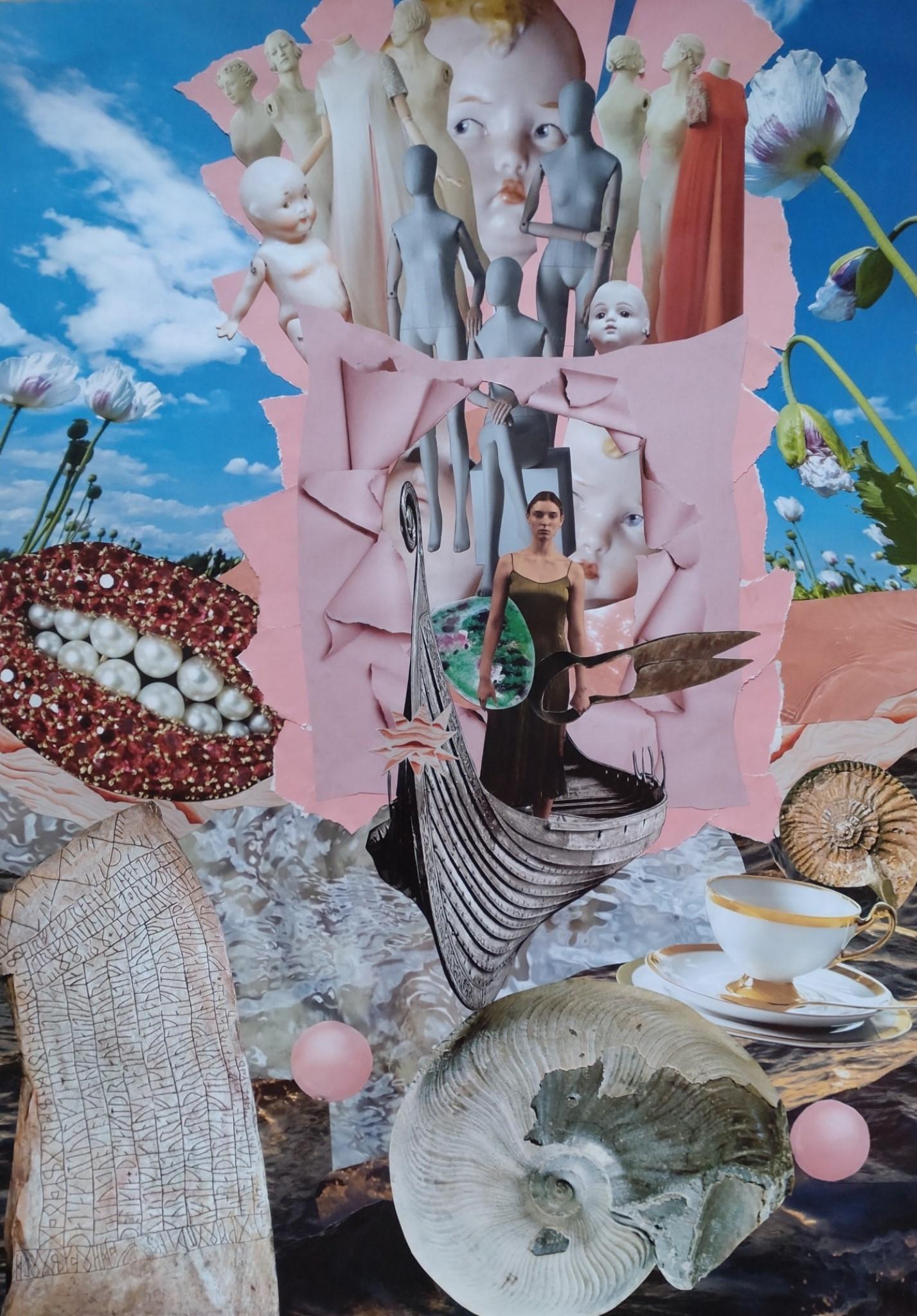 The Breakthrough, 2022, a large analog collage of figures, shells, flowers and a pink torn-paper space.
