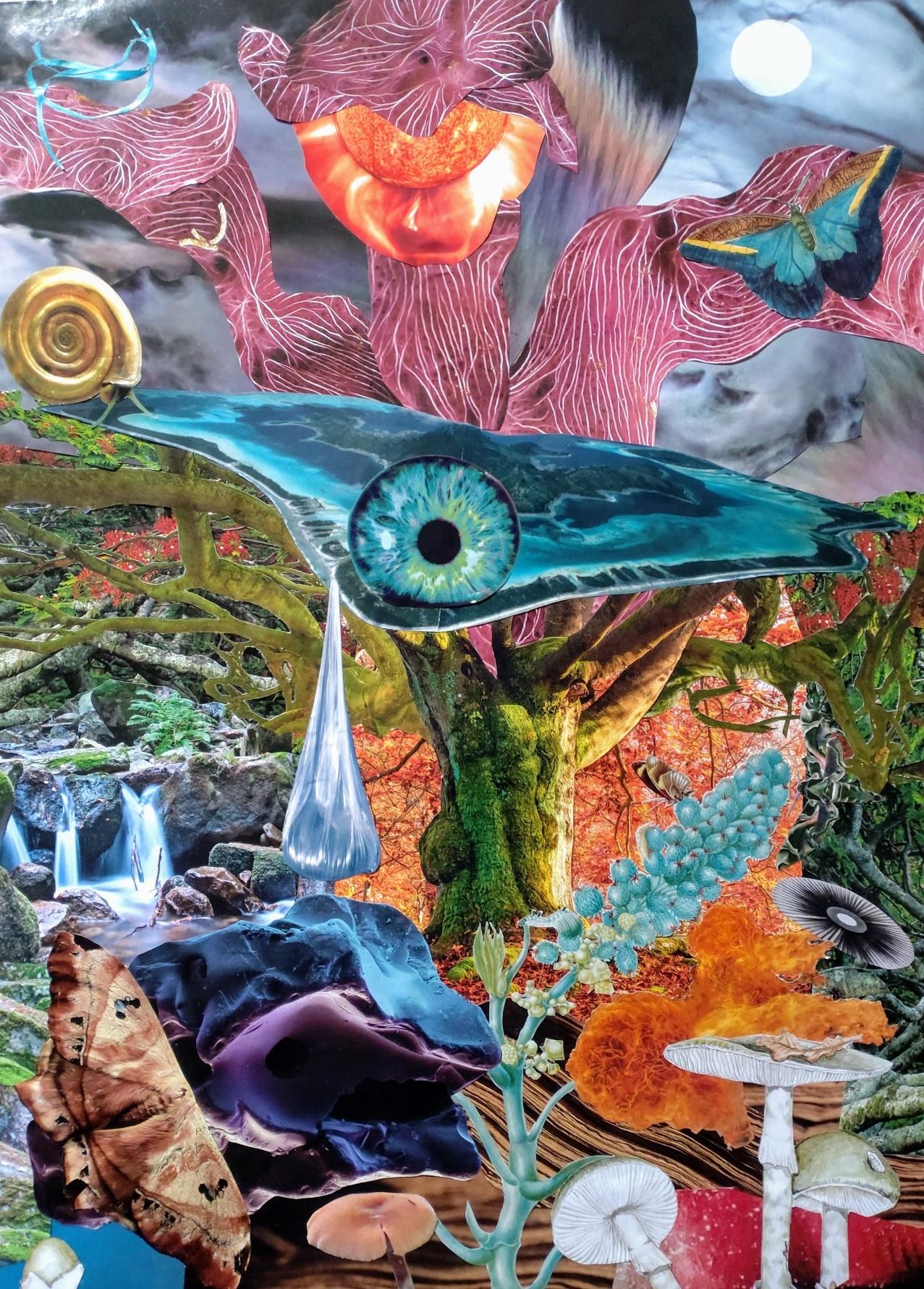Elfenwald 7, 2024, a forest collage with a luminous tree, an eye, water and moths.
