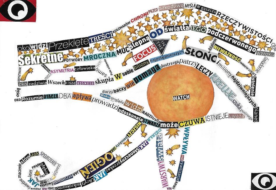 Eye of Horus, 2018, a word collage built from cut-out text, stars and a watching eye.