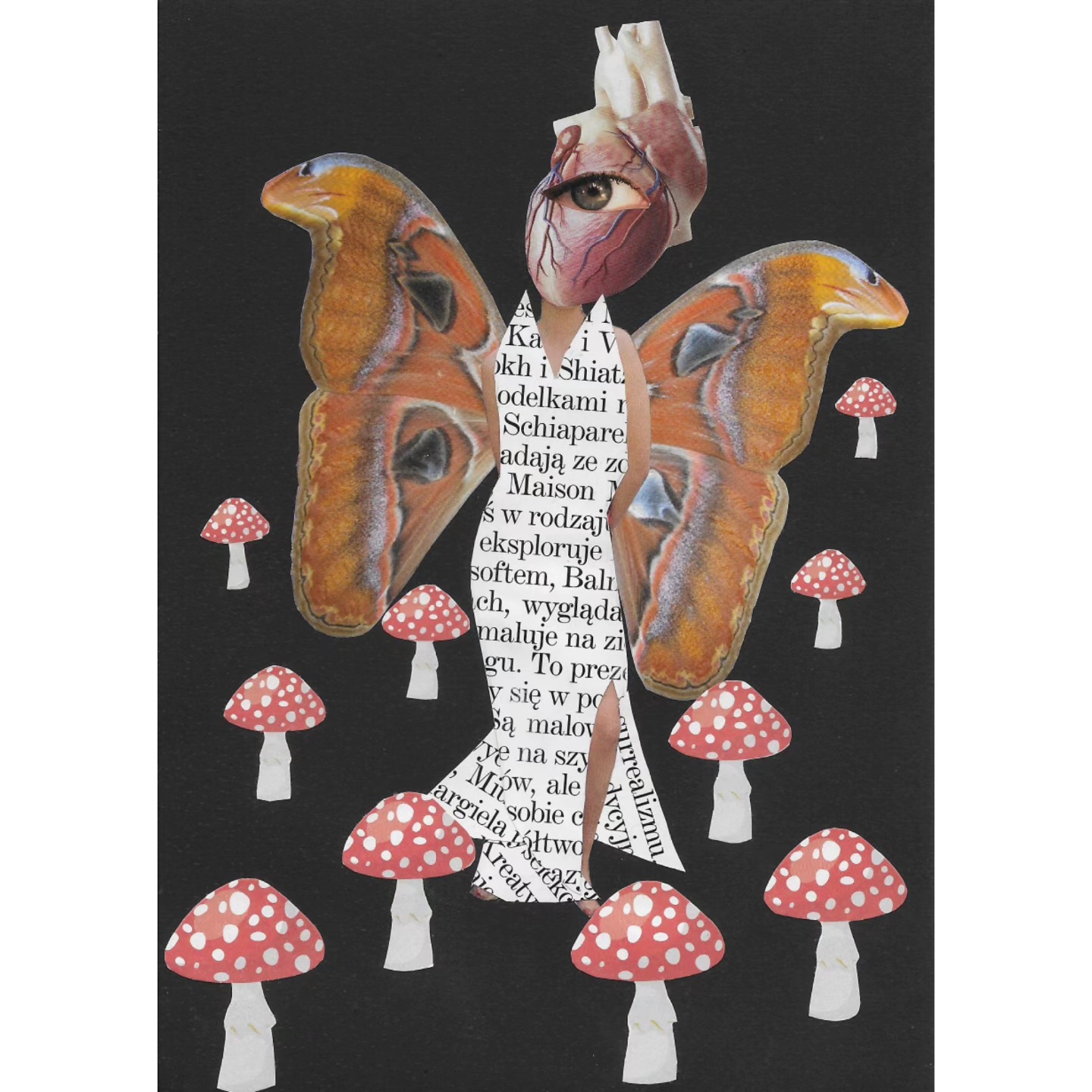 Miniatura 59, an A5 analog collage of a winged figure surrounded by red-and-white fly agaric mushrooms.