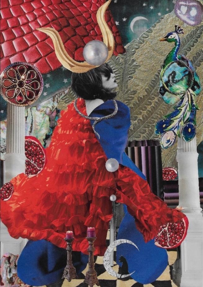 Tarot card, The High Priestess, 2022, a red and blue tarot-inspired collage with a peacock and crowned figure.