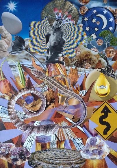 The Amsterdam Fairy, 2022, an analog collage with a winged figure, a starry moon, crystals and found images.