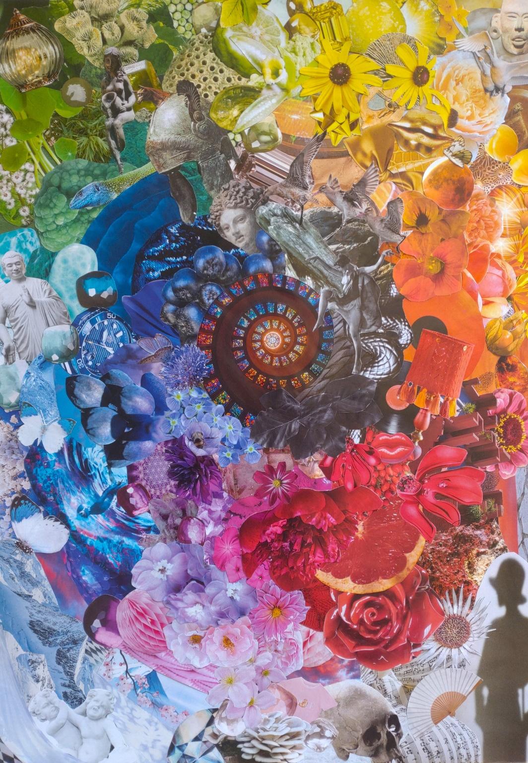The Spiral 1, 2022, a vivid analog collage arranged around a circular spiral form.