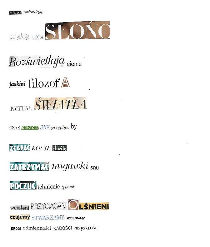 Untitled, 2016, a word collage of cut-out Polish words arranged across a white field.