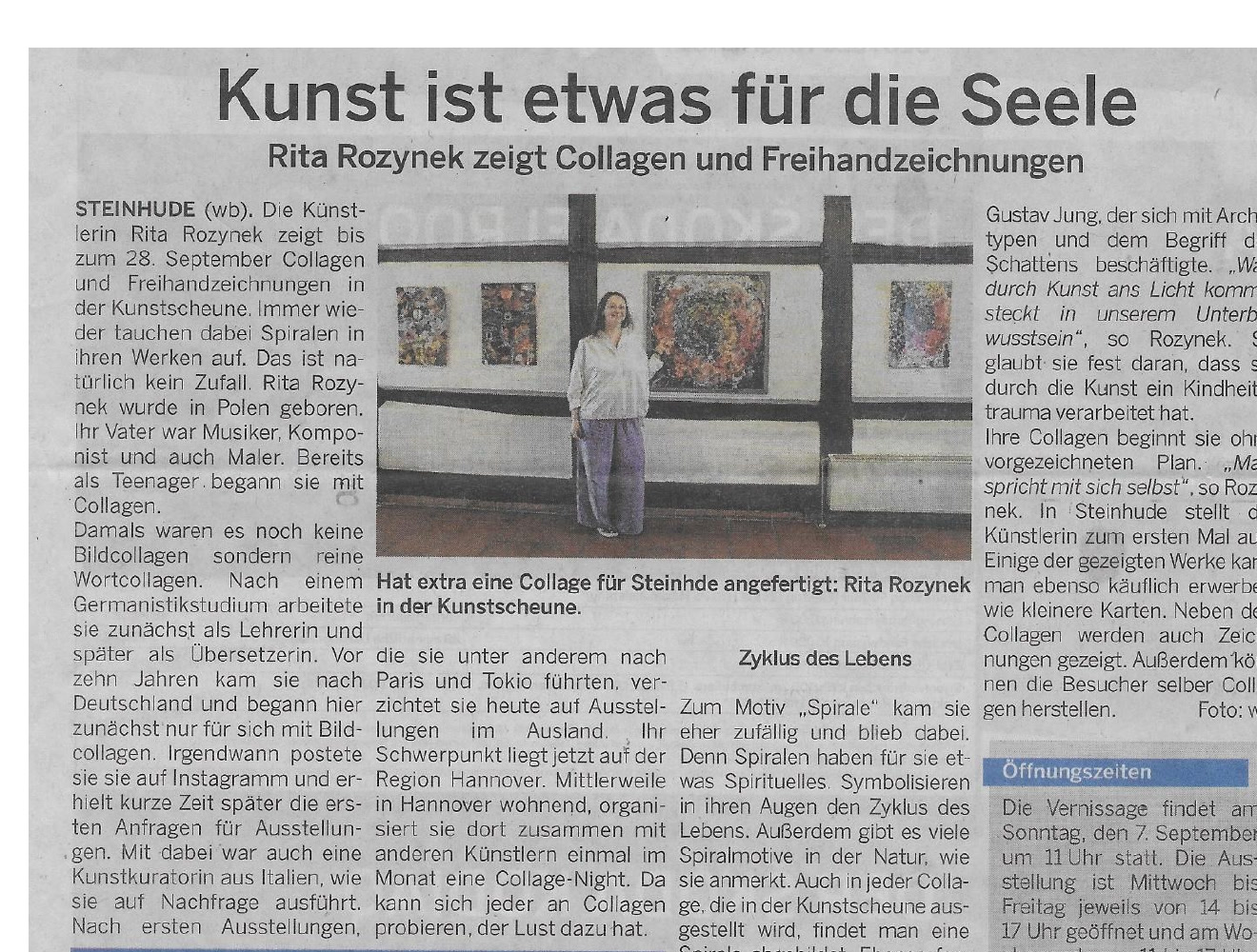 German press clipping titled Kunst ist etwas für die Seele, about Rita Rozynek’s collages and freehand drawings.