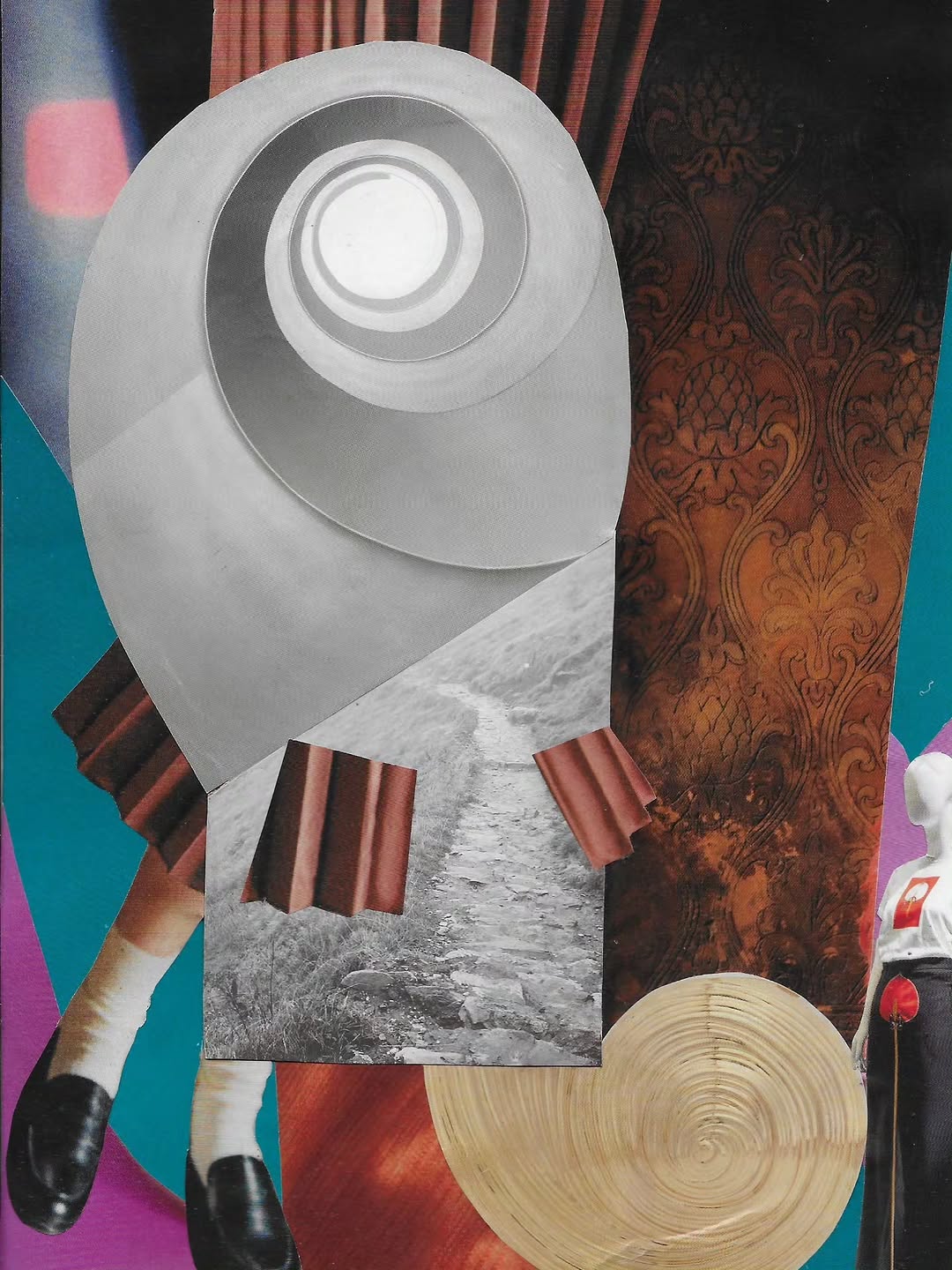 An analog collage of a circular form, a path, patterned fabric, and a figure against saturated colour.