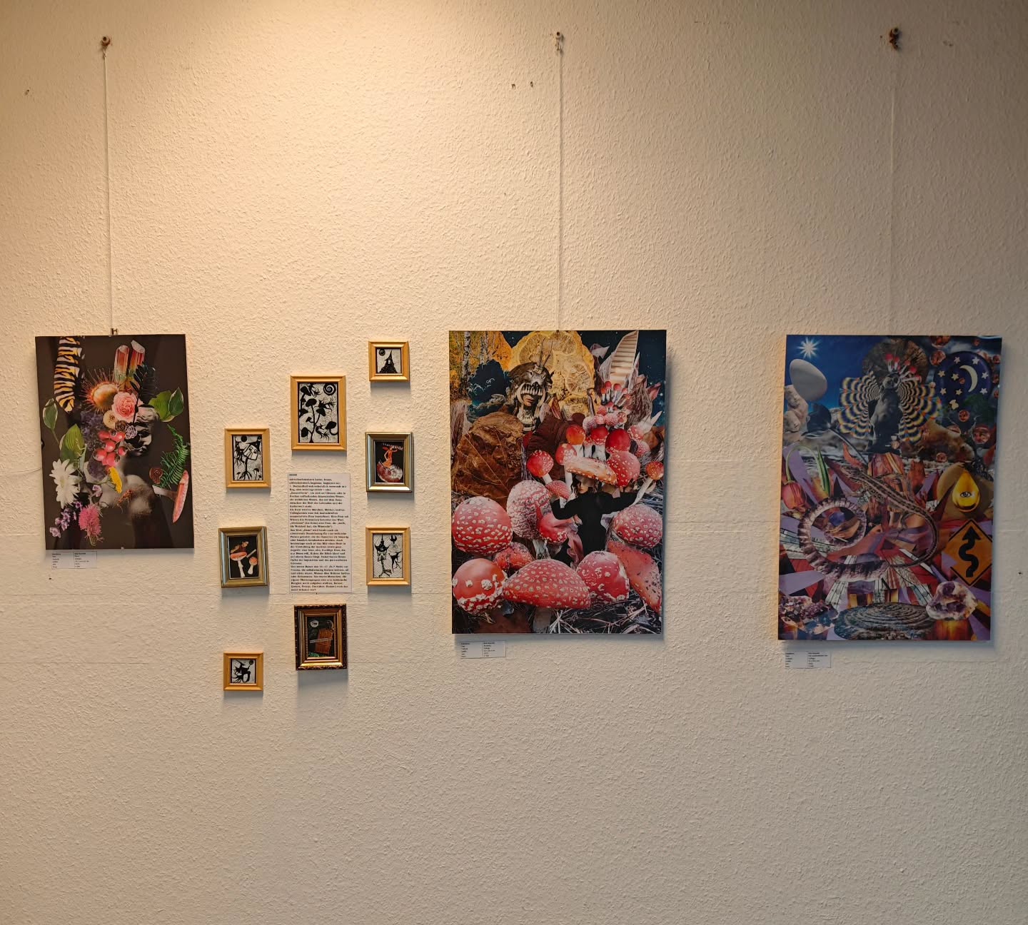 Framed collage artworks displayed on a gallery wall.
