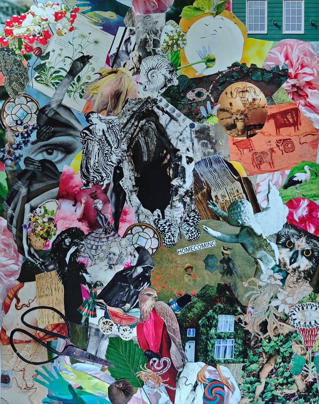 A colourful analog collage crowded with flowers, animals, figures, houses, and found images.