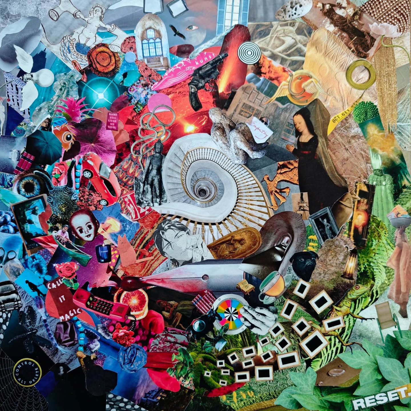The Spiral 'RESET.', a 40 × 40 cm analog collage composed of found images.