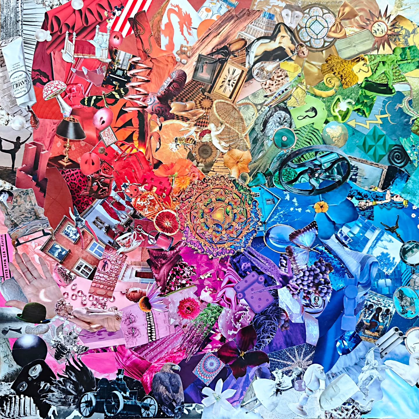 A colourful collage arranged like a wheel, moving through red, orange, green, blue, pink, and violet sections.