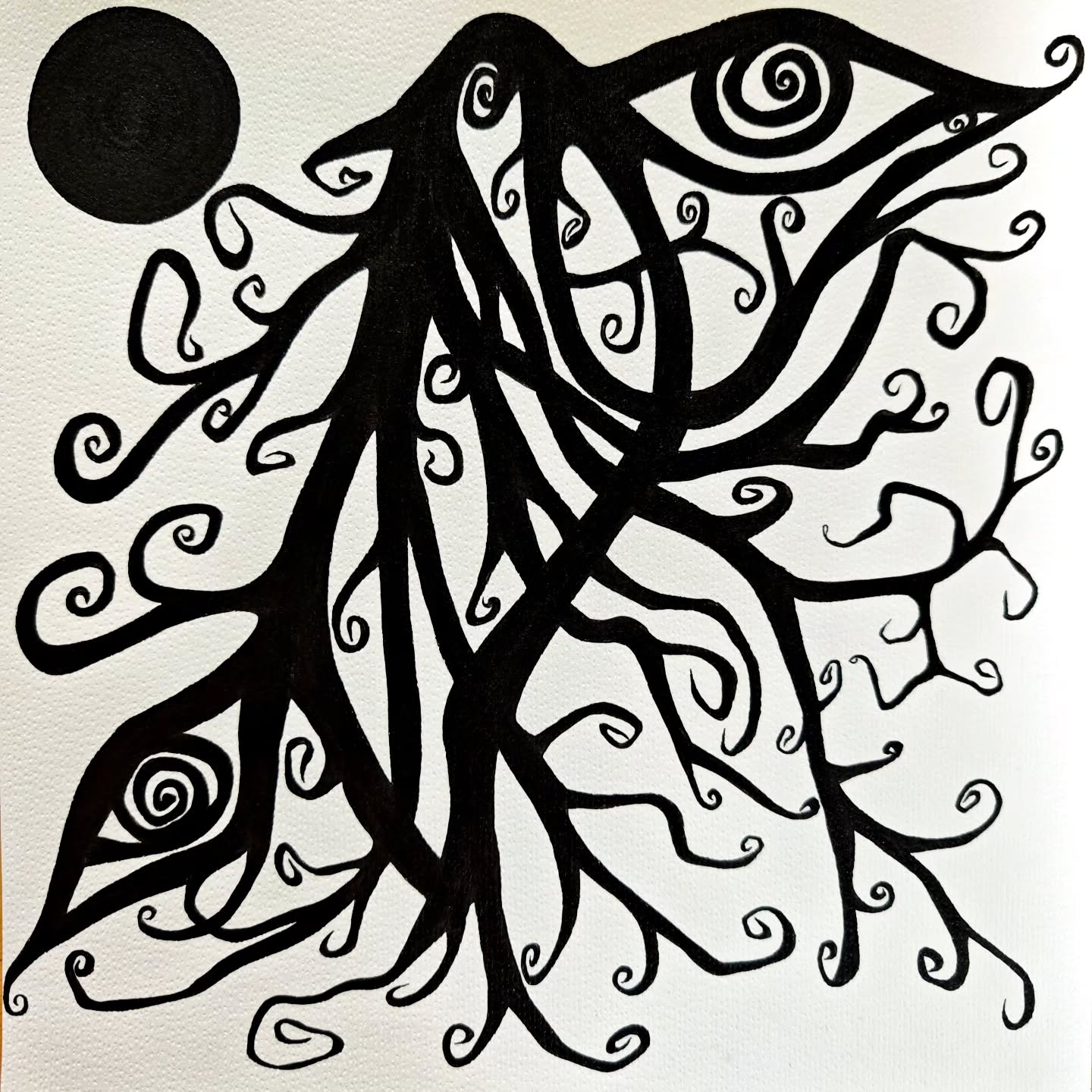 Ancestress, a black-and-white freehand drawing with a maternal figure, an eye and spiral forms.
