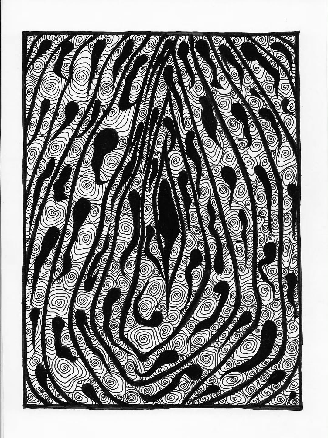 Spiraling 189, a black-and-white freehand drawing with dense spiral forms.