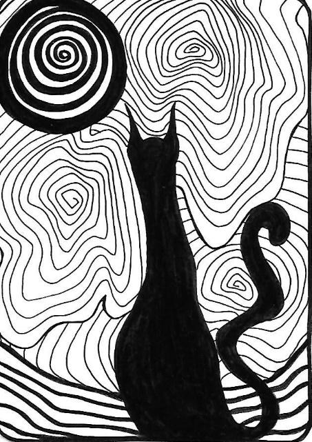 Spiraling 23, a black-and-white freehand drawing of a cat-like figure among layered spirals.