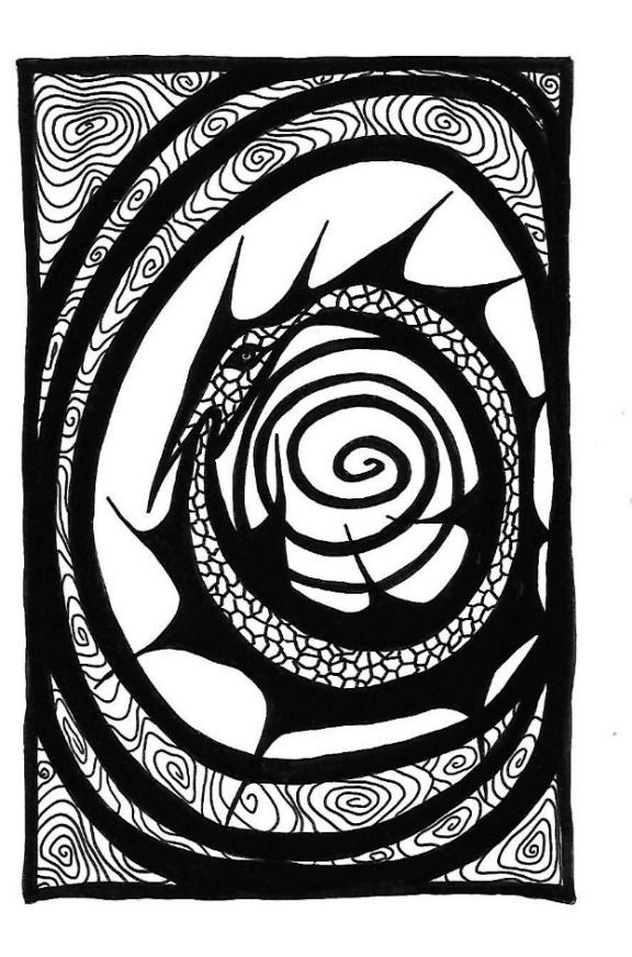 Spiraling 28, a black-and-white freehand drawing with a central spiral and heavy circular lines.