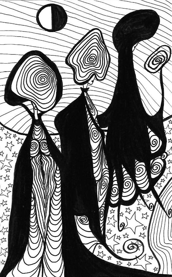 Spiraling 29, a black-and-white freehand drawing of elongated figures and spiral-filled forms.
