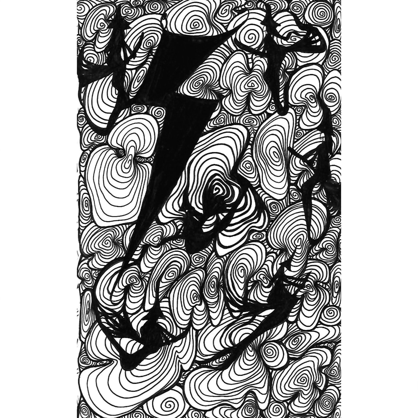 Spiraling 30, a black-and-white freehand drawing filled with repeated spirals and dark figures.