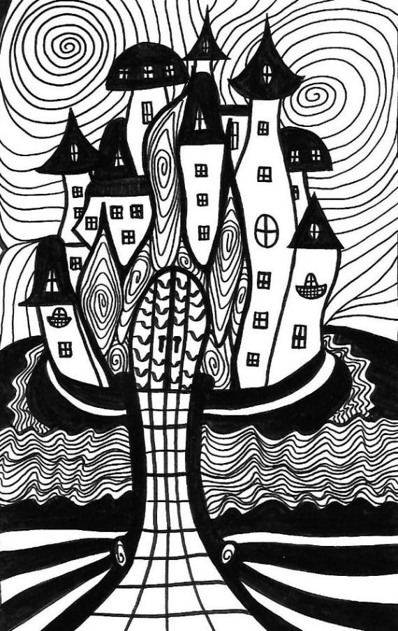Spiraling 40, a black-and-white freehand drawing of a castle surrounded by spirals and water.