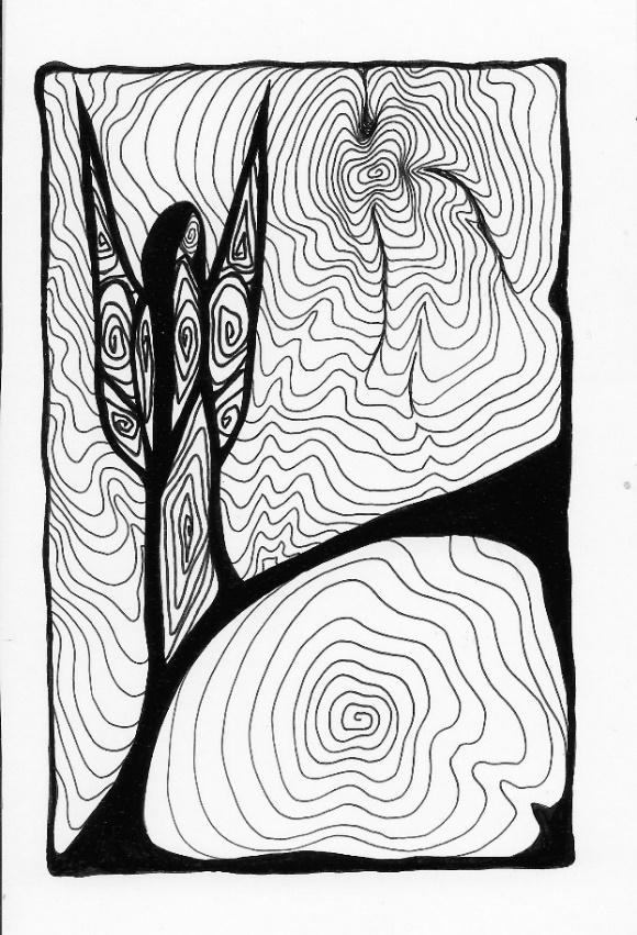 Spiraling 44, a black-and-white freehand drawing of a branching form and contour lines.