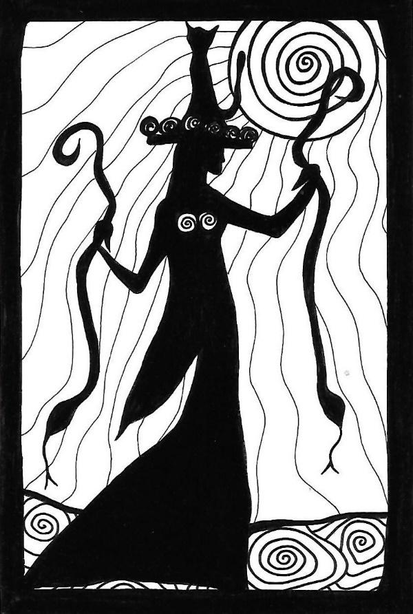 Spiraling 49, a black-and-white freehand drawing of a crowned figure holding a spiral sun.