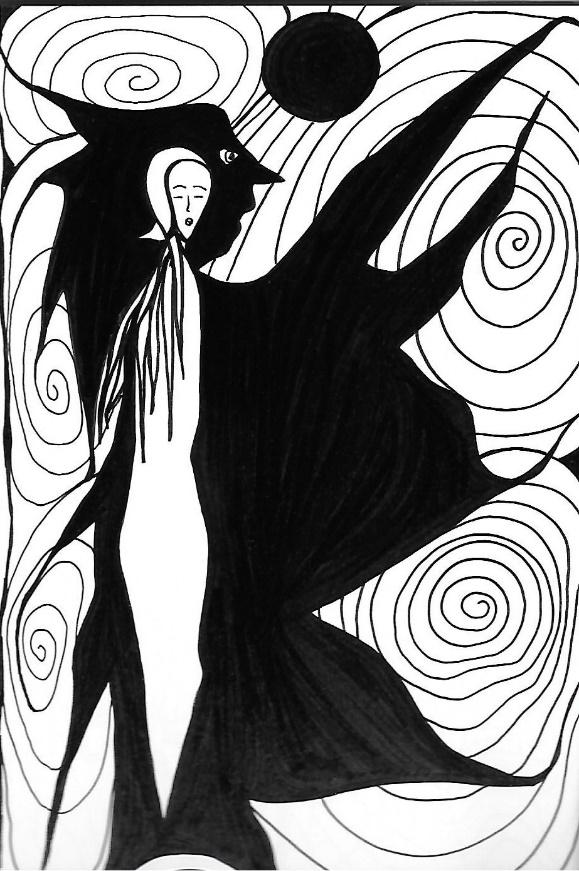 Spiraling 58, a black-and-white freehand drawing of a winged figure surrounded by spirals.