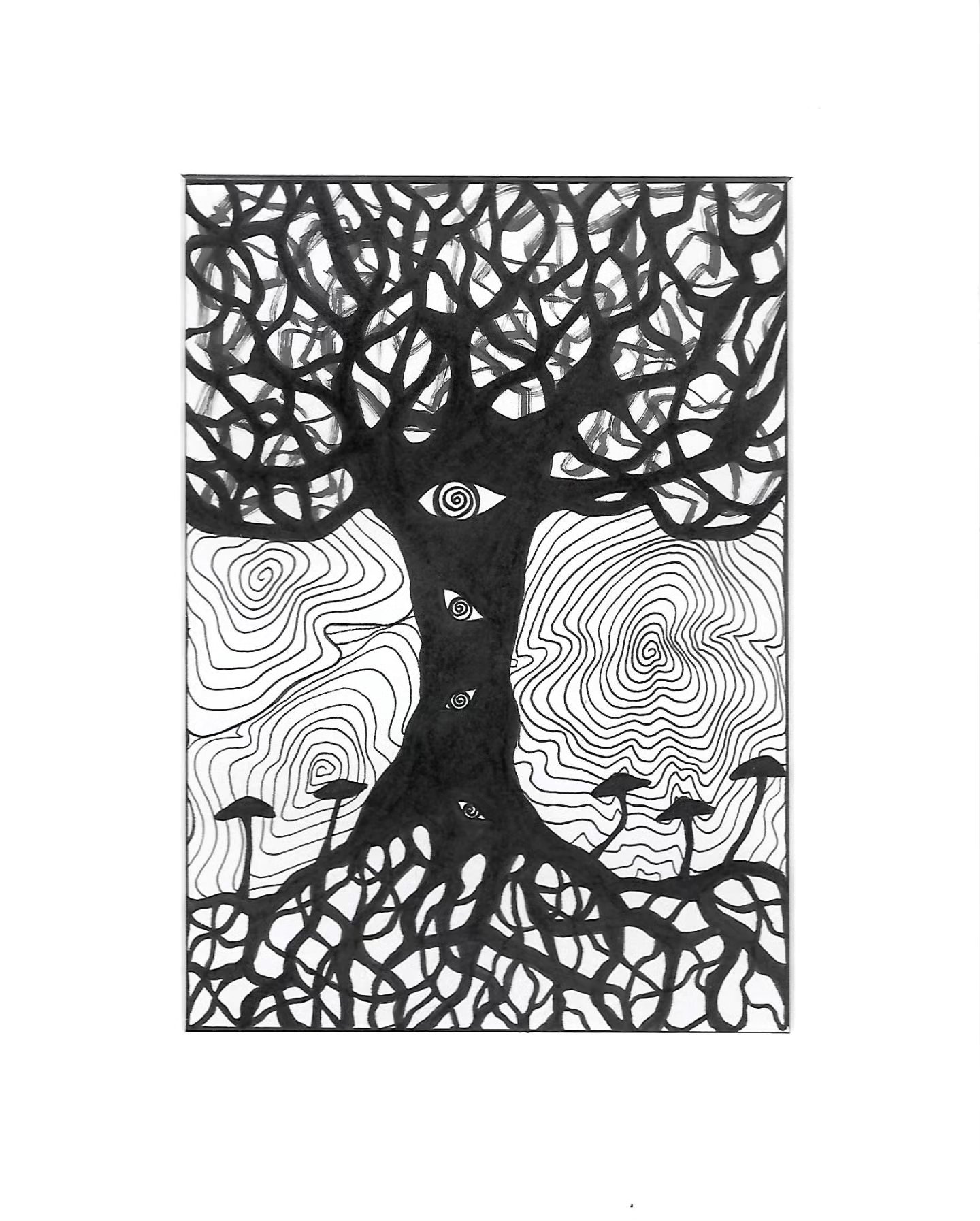 Spiraling 93, a black-and-white freehand drawing of a tree with eyes, roots, mushrooms and spiral lines.