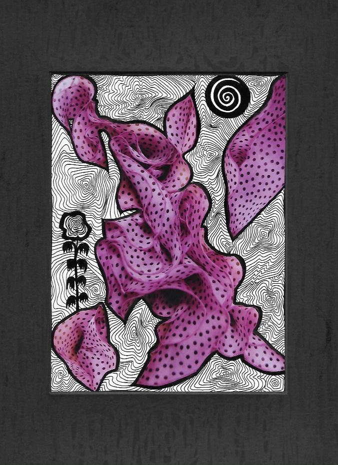 Spirallage 12, a mixed-media collage of a purple flower surrounded by spiral drawing.