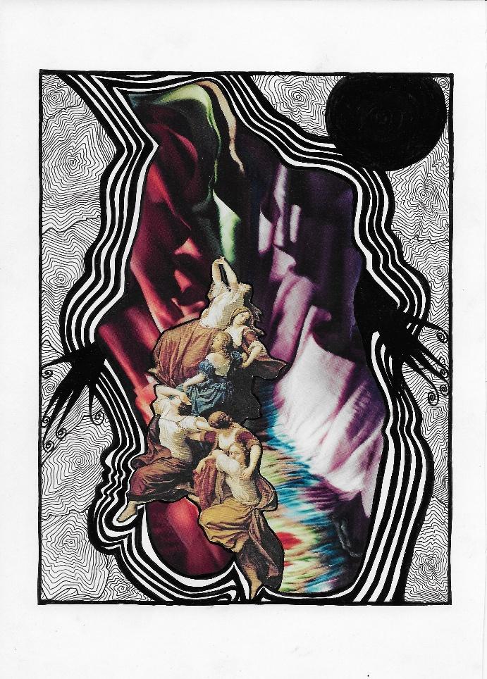 Spirallage 15, a mixed-media collage of luminous fabric, figures, a dark sun and spiral lines.