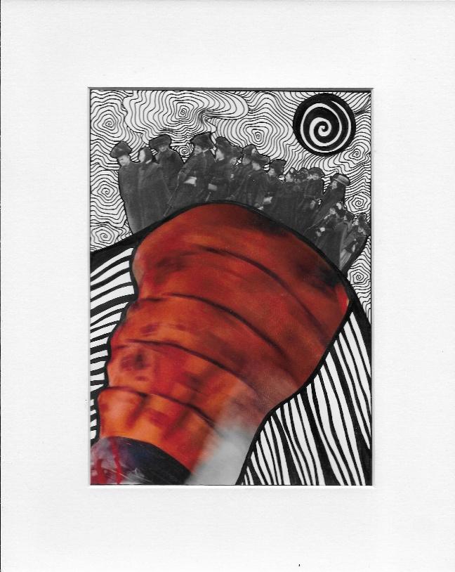 Spirallage 17, a mixed-media collage with a red form, a crowd and dense spiral drawing.