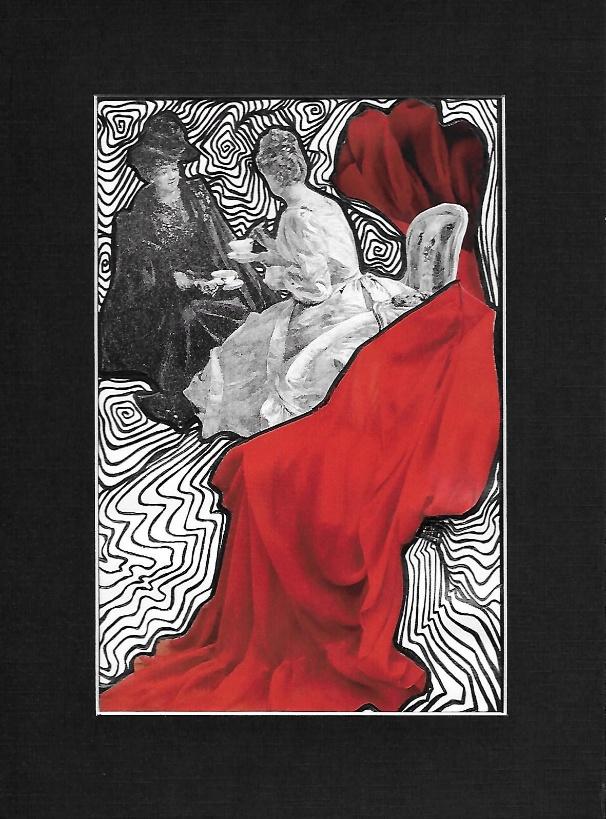 Spirallage 2, a mixed-media collage of two seated figures, red fabric and hand-drawn spirals.