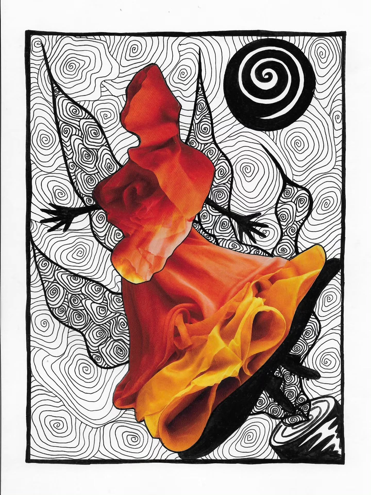 Spirallage 34, a collage with a red figure, spiral patterns and a bold black spiral.
