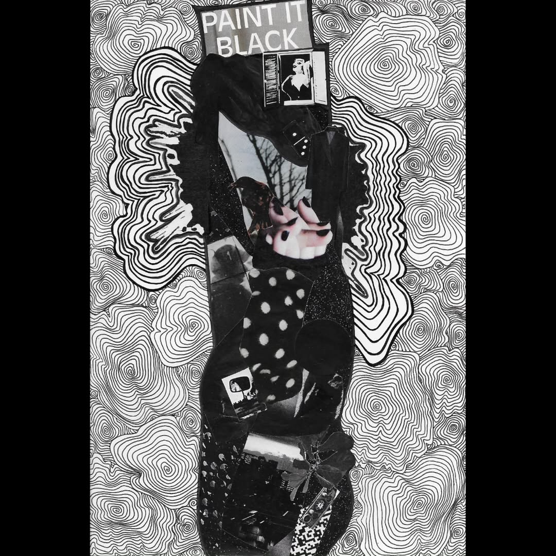 Spirallage 35, a mixed-media collage with hand-drawn spiral forms.