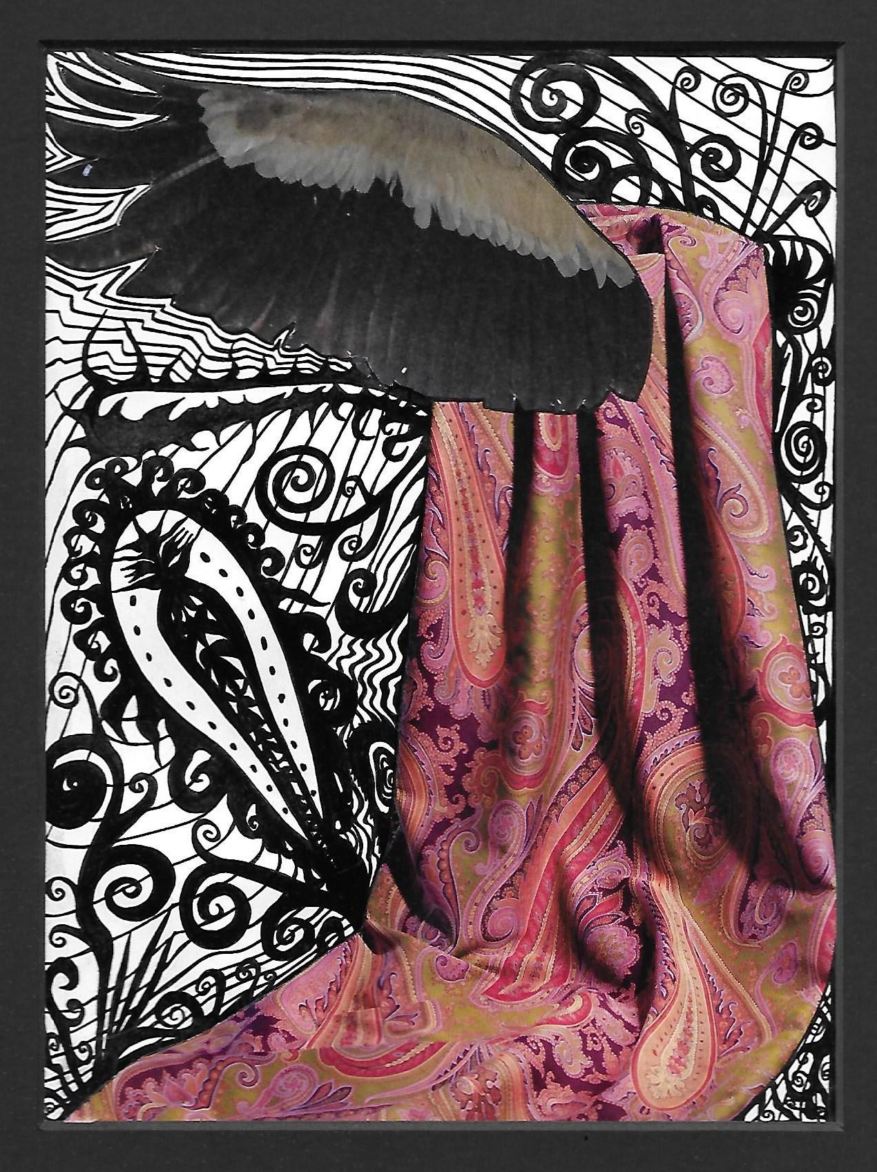 Spirallage 6, a mixed-media collage of a bird, patterned fabric and hand-drawn spirals.